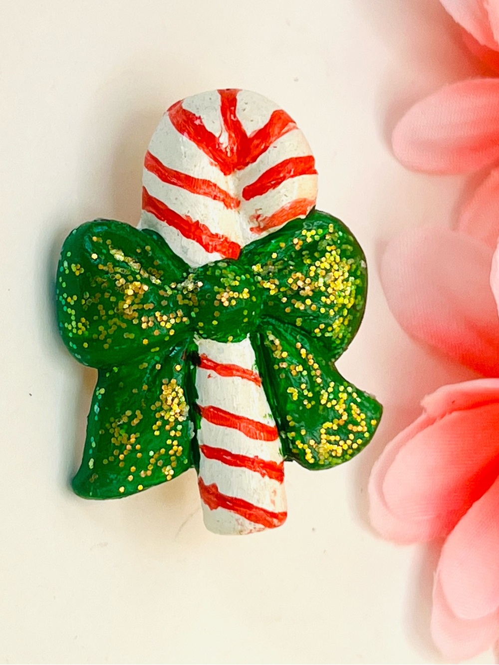 Green Glitter Bow Candy Cane pin lapel